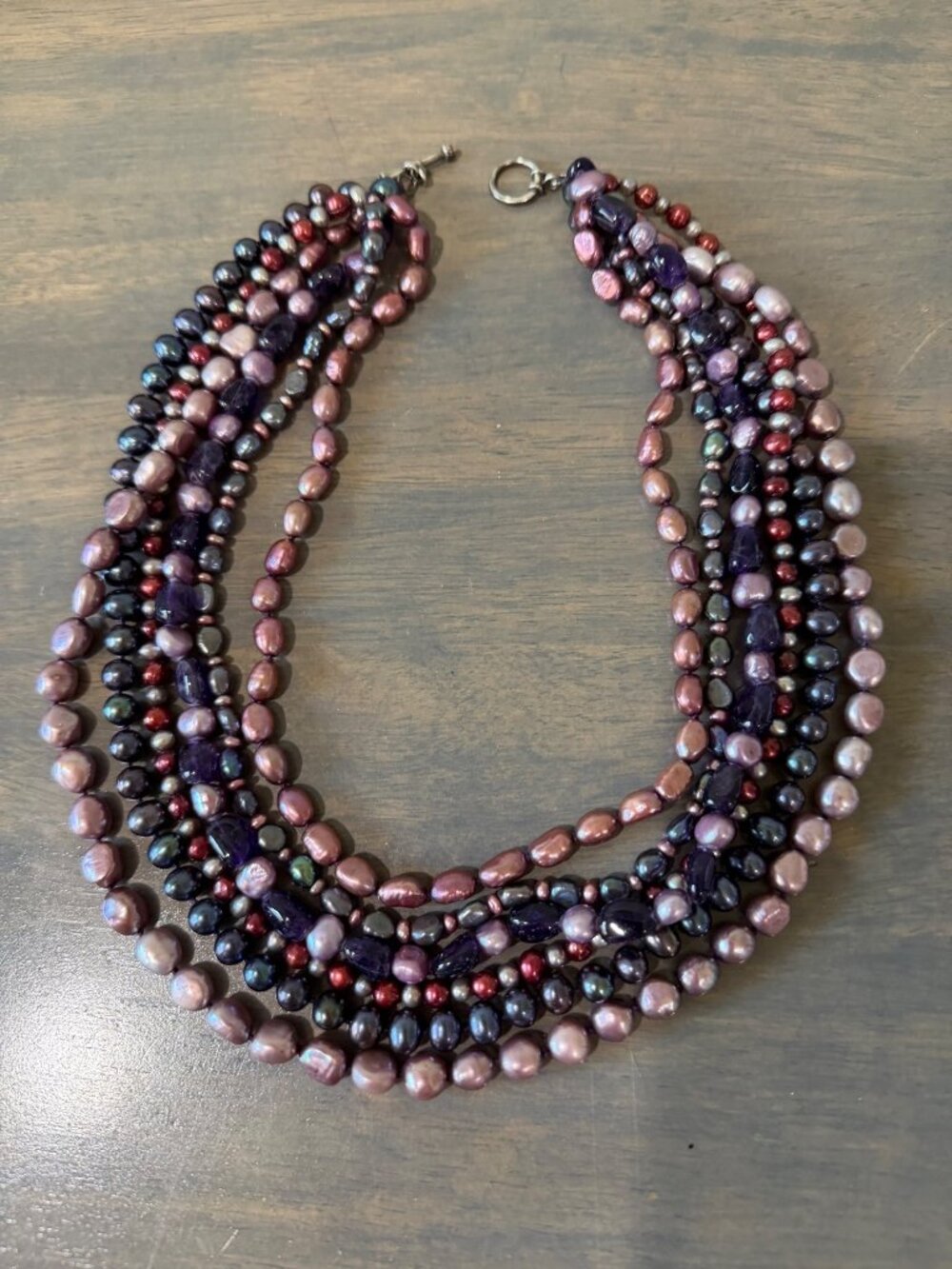 Multi Strand Purple Pink Pearls and Beads Statement Necklace 925 Sterling Clasp